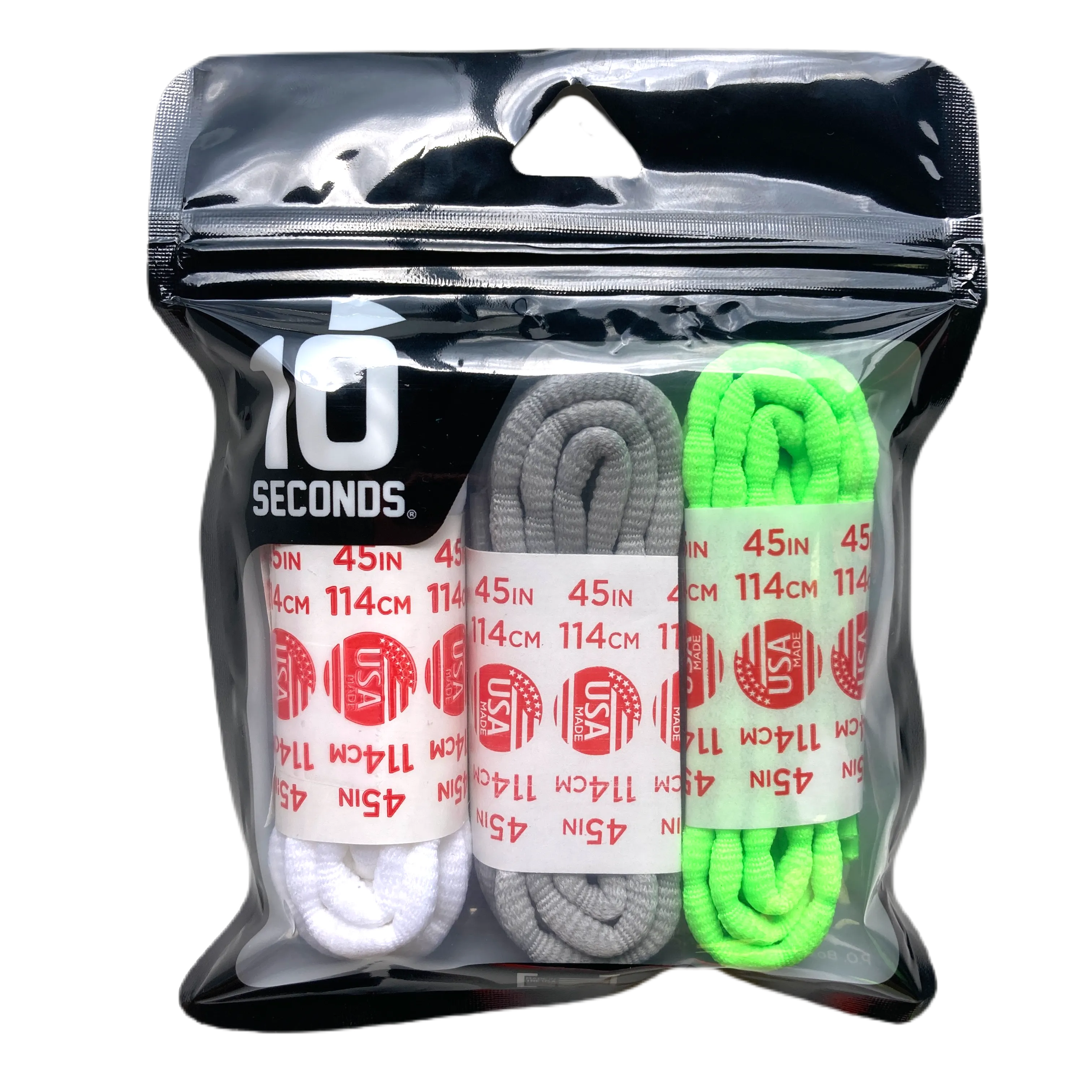 10 Seconds® Athletic Bubble Laces | White/Silver/Neon Green Multi-Pack