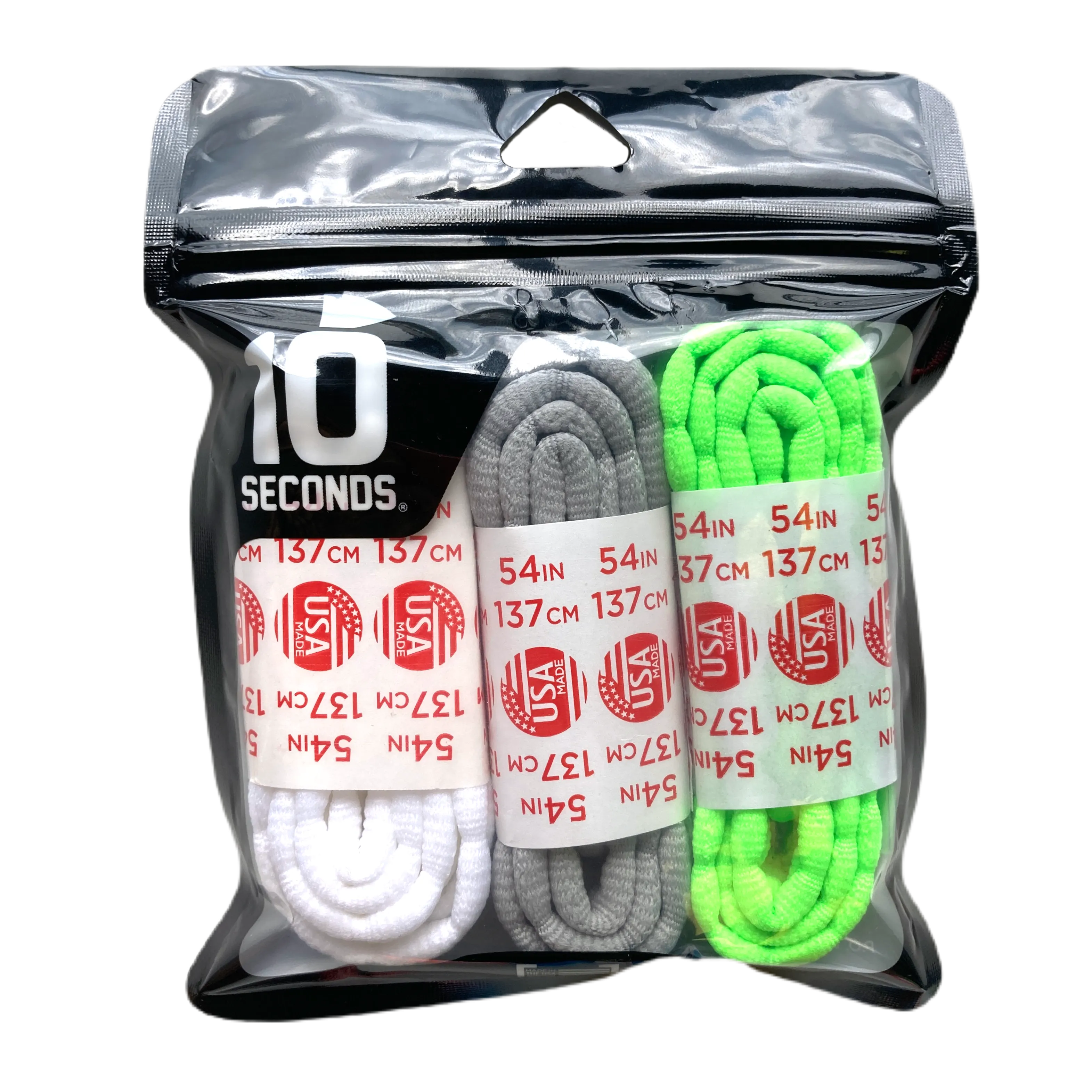 10 Seconds® Athletic Bubble Laces | White/Silver/Neon Green Multi-Pack