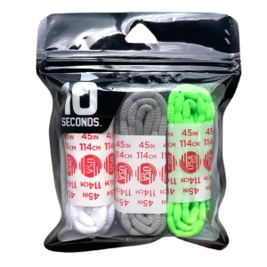 10 Seconds® Athletic Bubble Laces | White/Silver/Neon Green Multi-Pack