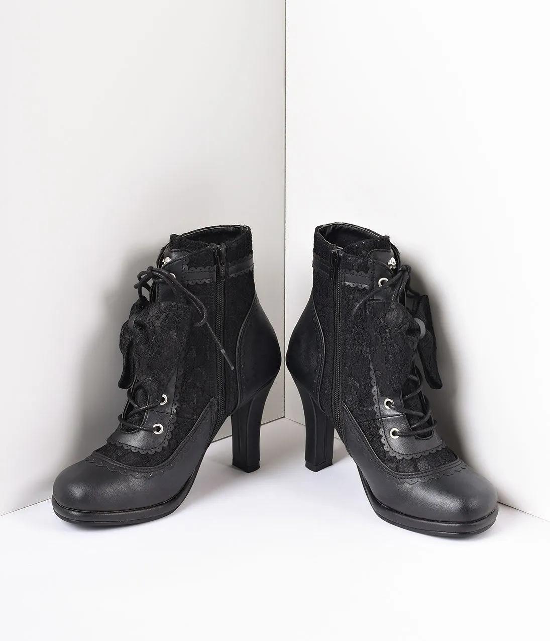 Black Vegan Leather & Lace Bow Ankle Boots