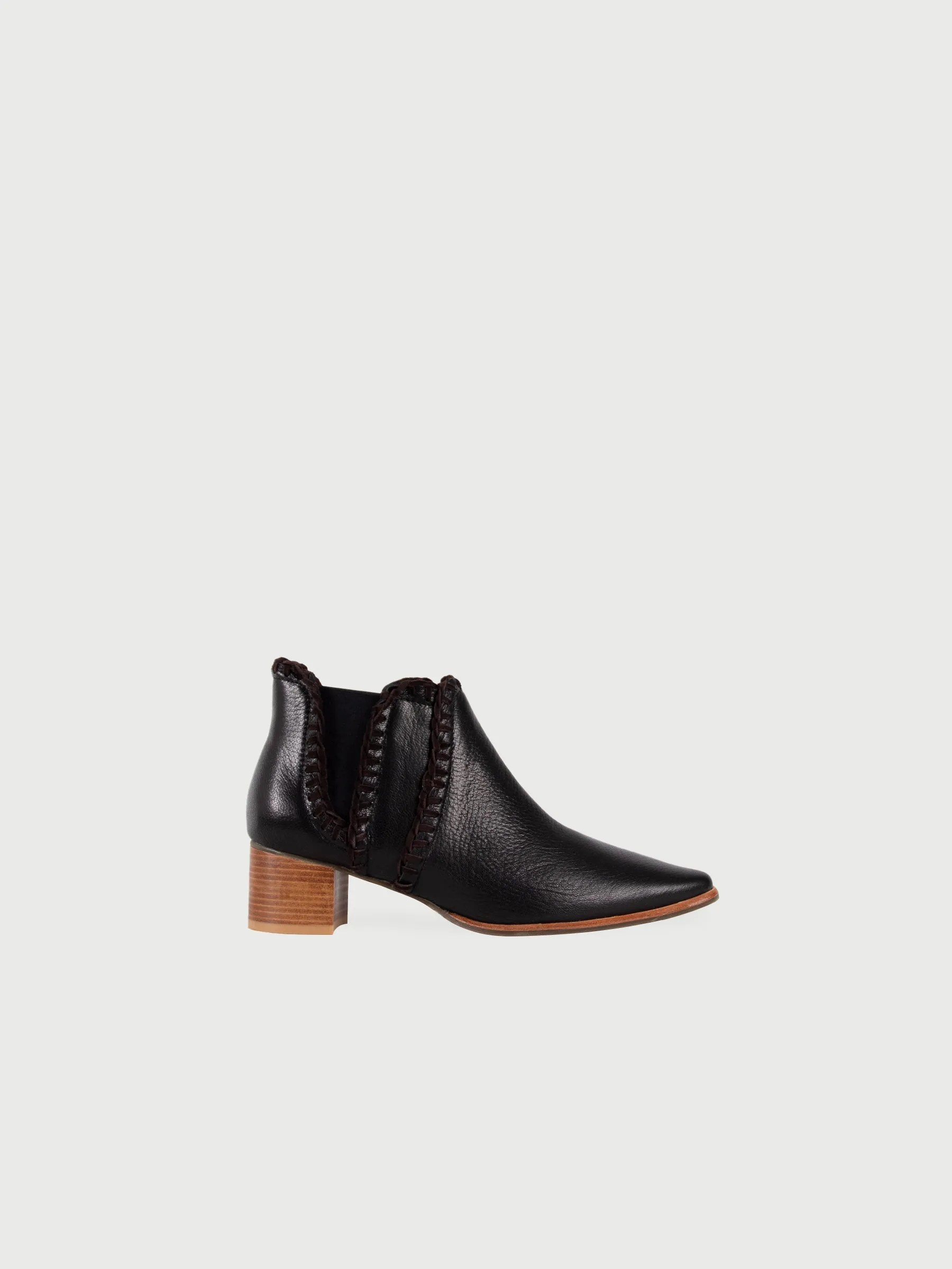 Blanket Stitch Block Heel Leather Ankle Boots