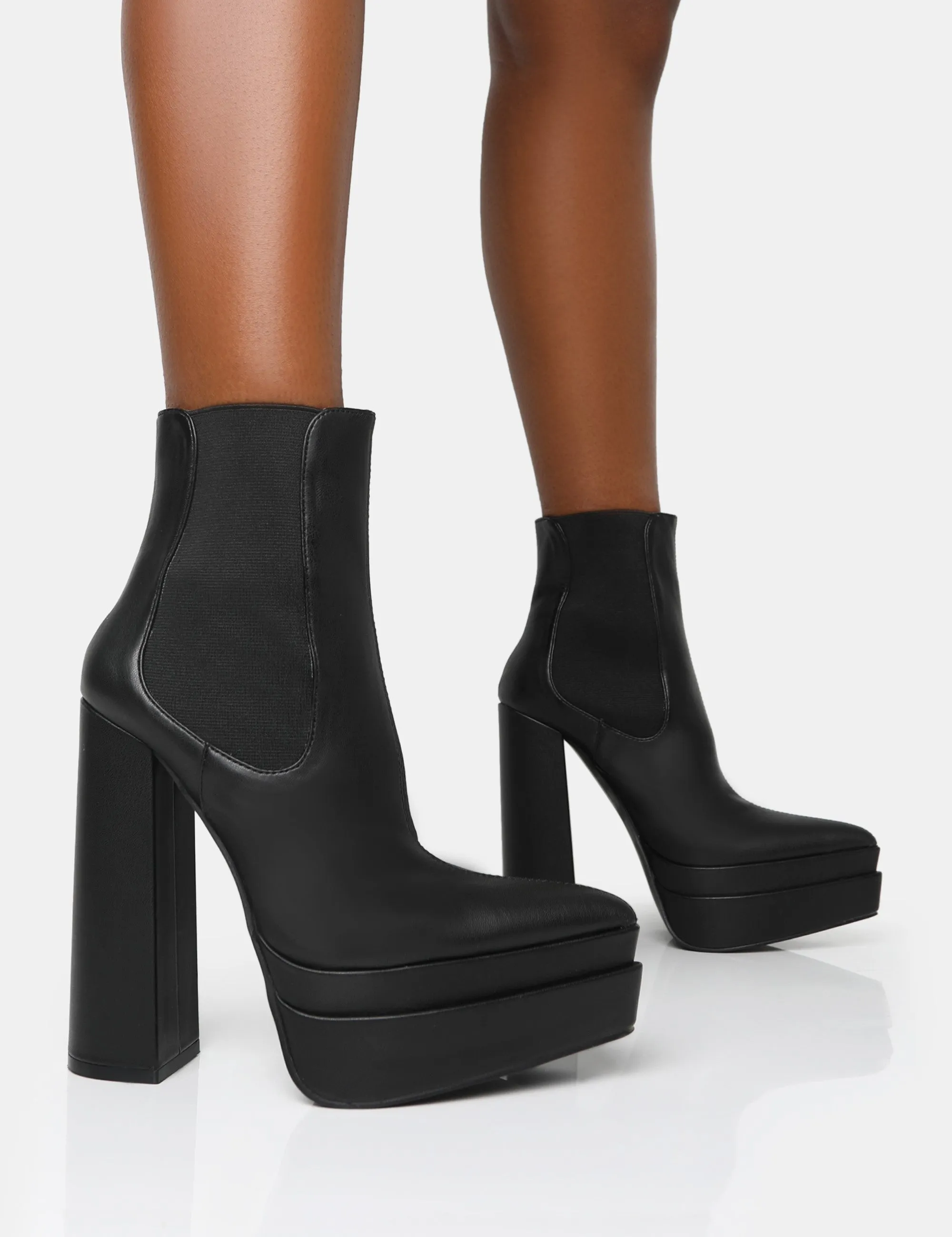 Cady Black Pu Platform Pointed Toe Block Heel Ankle Boots