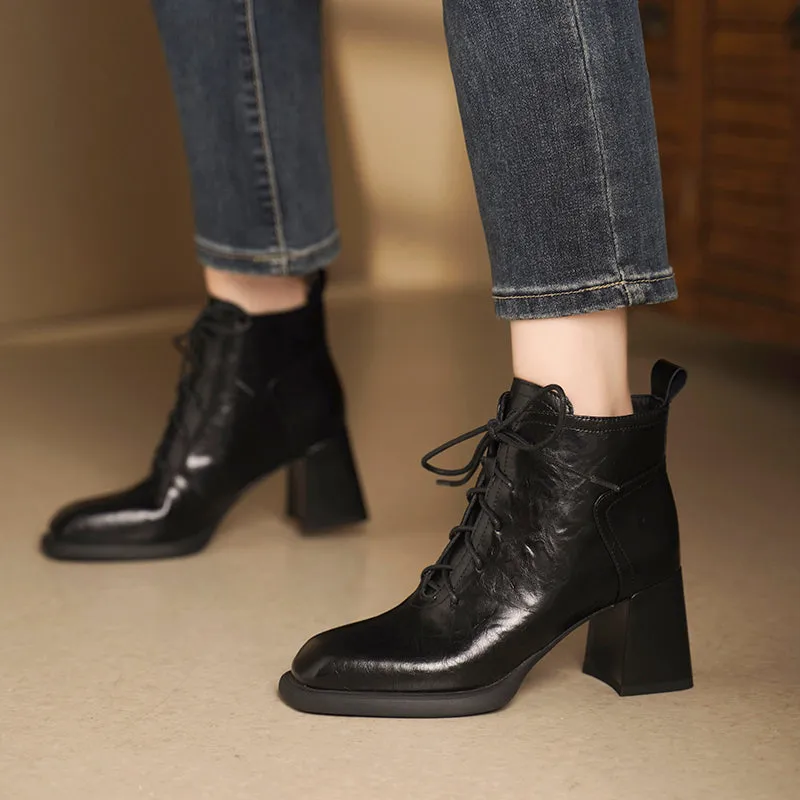 Chic Leather Square Toe Zip High Heel Boots