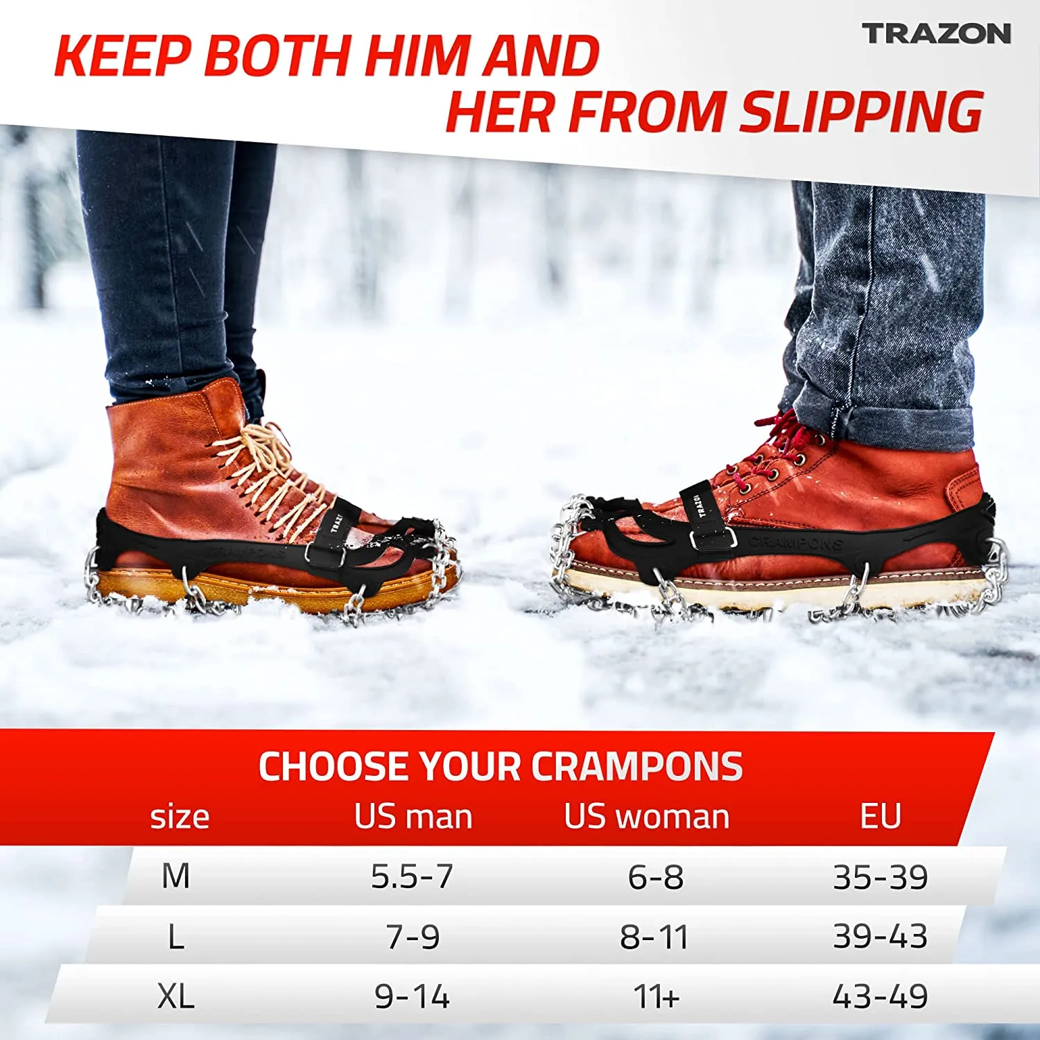 Crampons Ice Cleats for Hiking Boots and Shoes, Anti Slip Walk Traction Cleats, Snow Ice Grippers 19 Spikes and Grips, Safe Protect for Hiking Climbing Fishing Mountaineering Walking - Men Woomen Kids