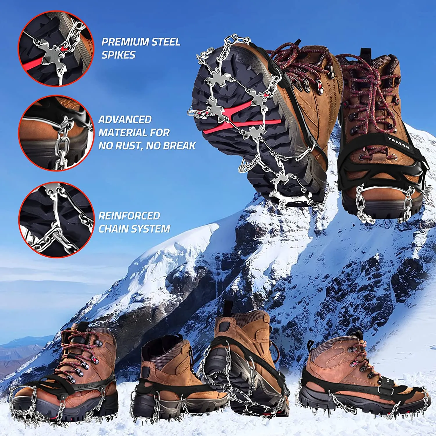 Crampons Ice Cleats for Hiking Boots and Shoes, Anti Slip Walk Traction Cleats, Snow Ice Grippers 19 Spikes and Grips, Safe Protect for Hiking Climbing Fishing Mountaineering Walking - Men Woomen Kids