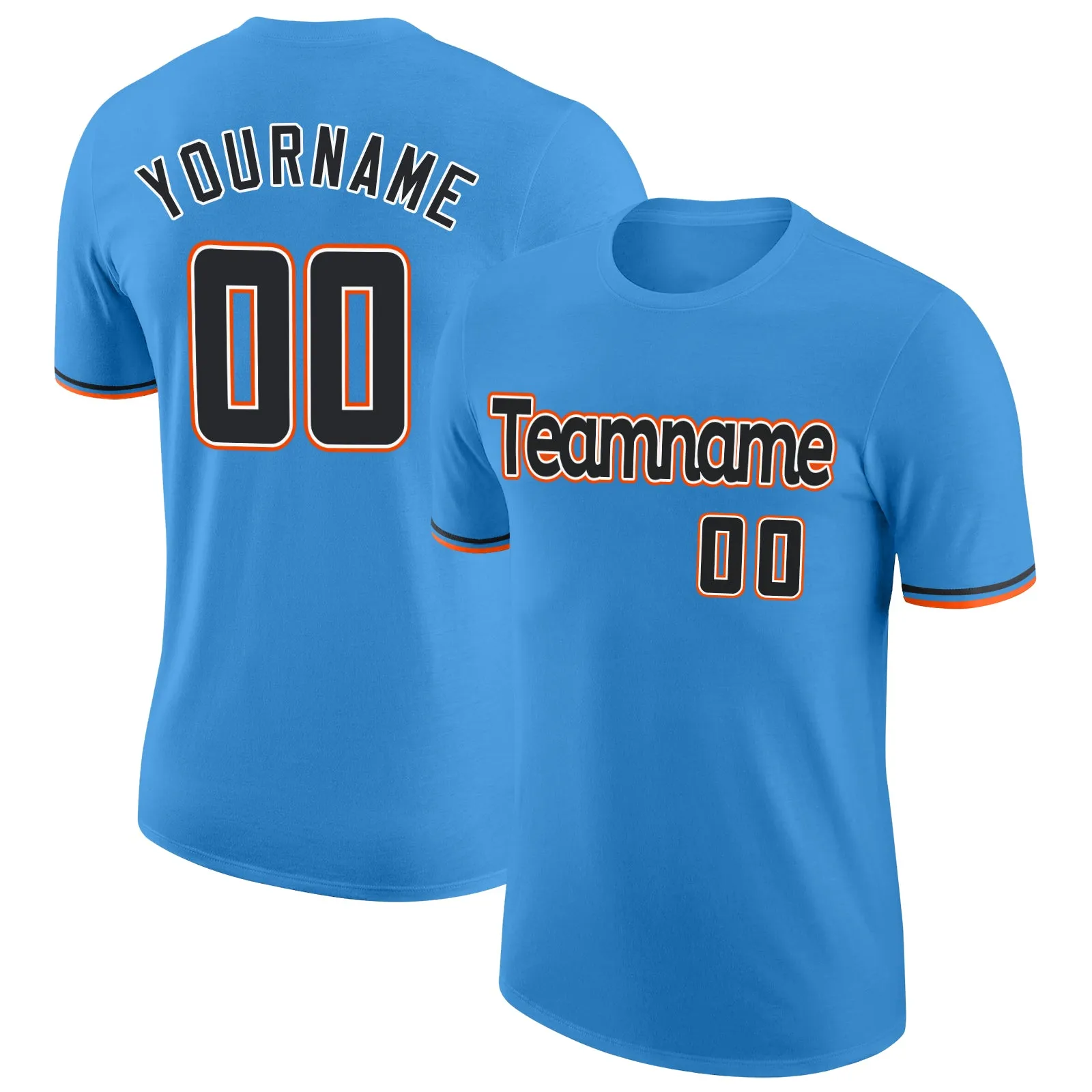 Custom Powder Blue Black-Orange Performance T-Shirt