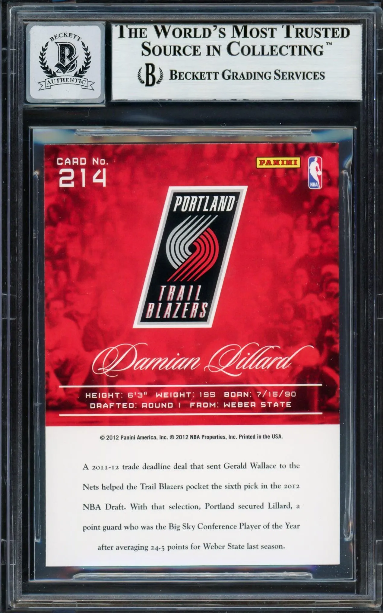 Damian Lillard Autographed 2012-13 Panini Prestige Rookie Card #214 Portland Trail Blazers Auto Grade Gem Mint 10 Beckett BAS #13605380