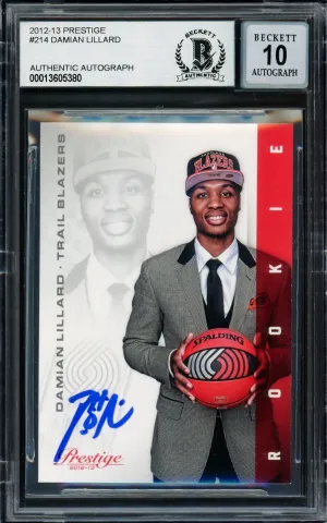 Damian Lillard Autographed 2012-13 Panini Prestige Rookie Card #214 Portland Trail Blazers Auto Grade Gem Mint 10 Beckett BAS #13605380