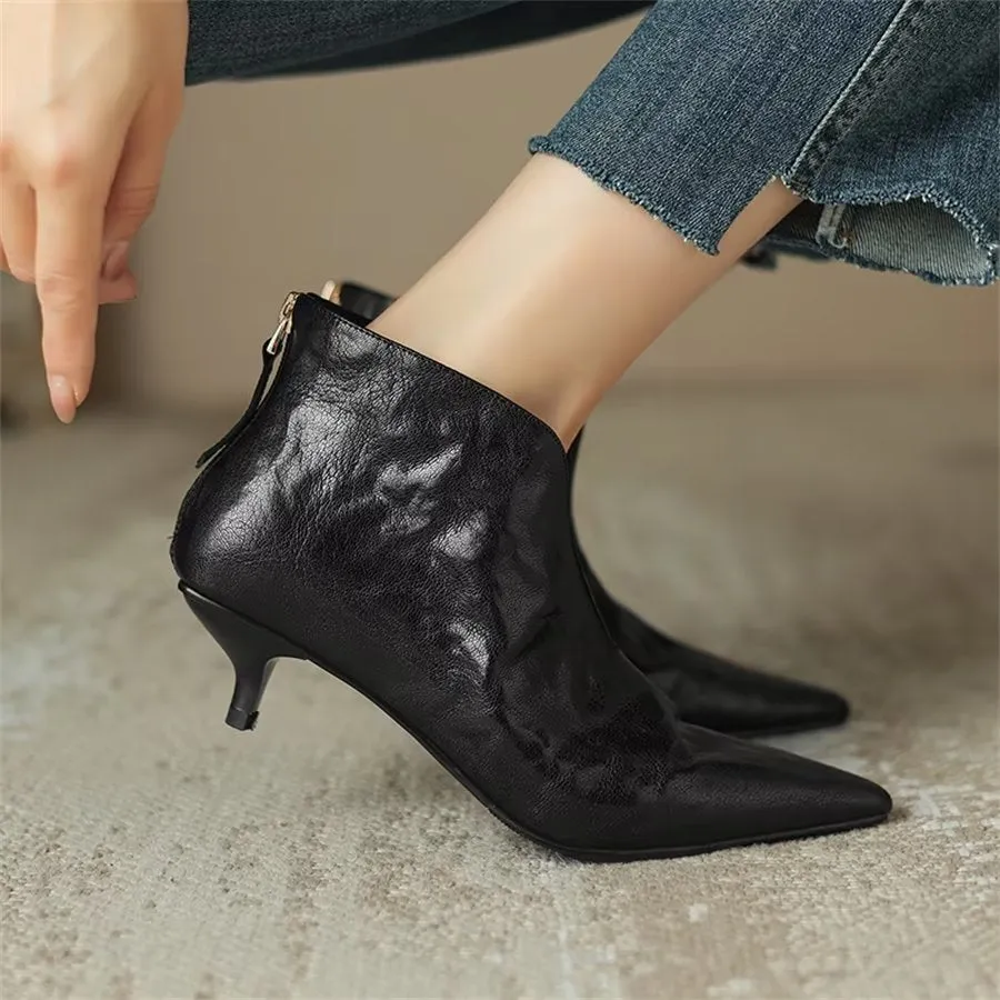 Elegant Cow Leather Pointed Toe Diagonal Zipper Boots