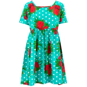 Empire Line Tea Dress - Polka Dot Roses Turquoise