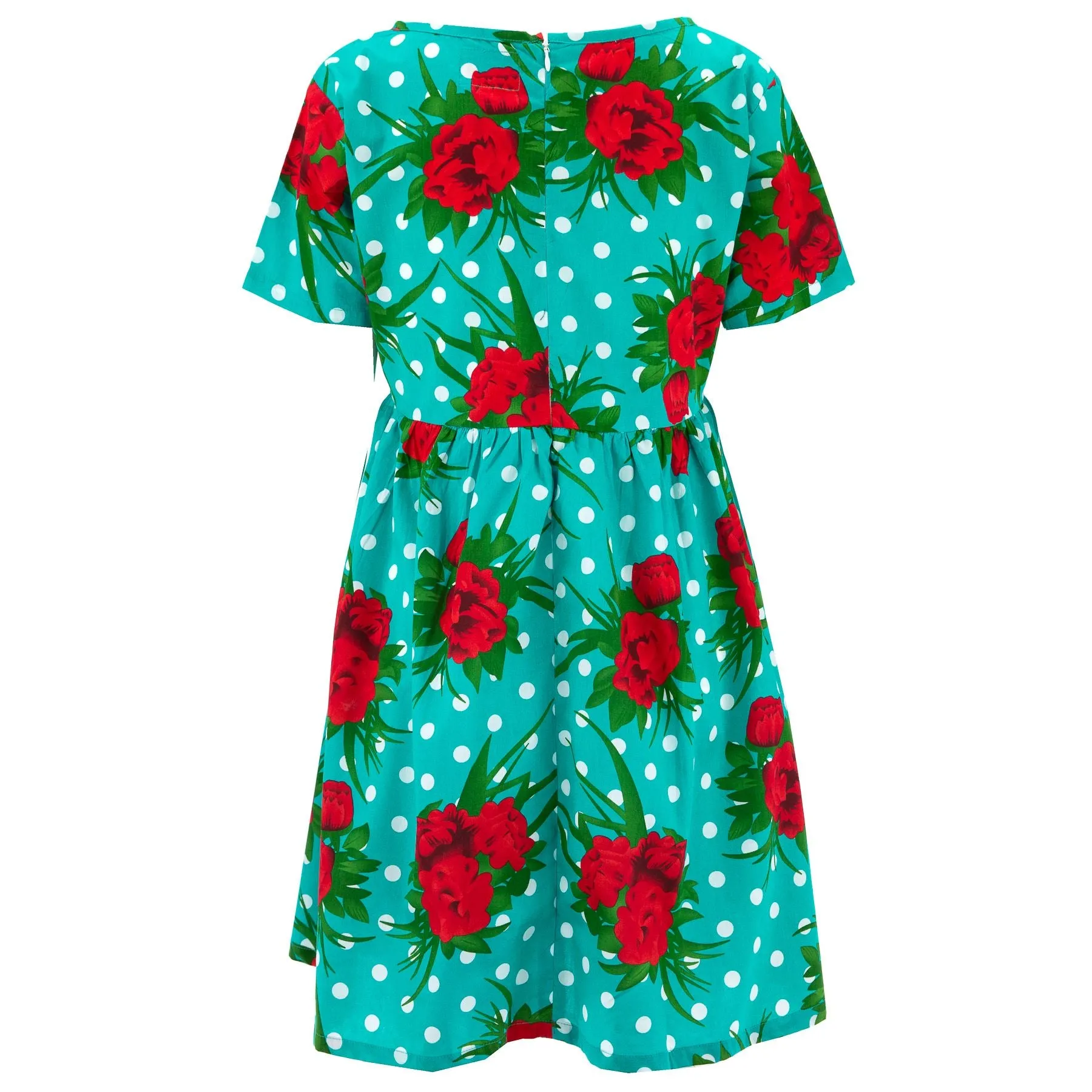 Empire Line Tea Dress - Polka Dot Roses Turquoise