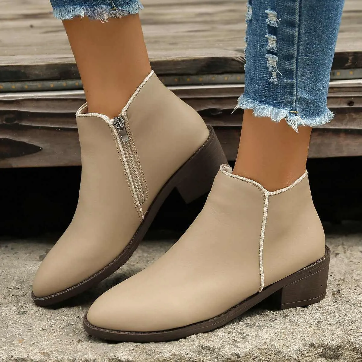 Glow Chic's Chunky Mid Heel Waterproof Ankle Boots with Side Zipper