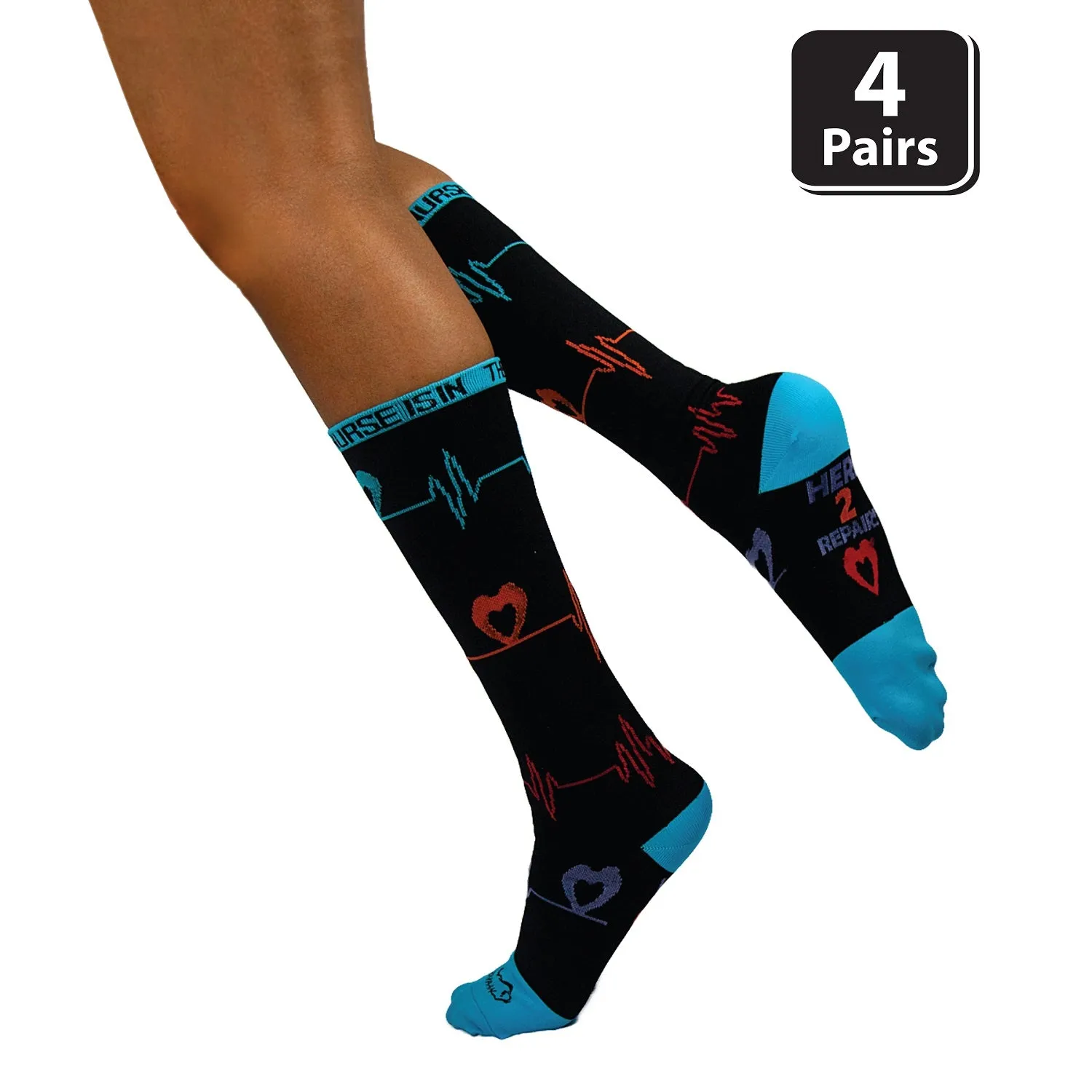 Heartbeat Compression Socks Anti-Fatigue, Fits Adult and Youth Pack of (4 Pairs)