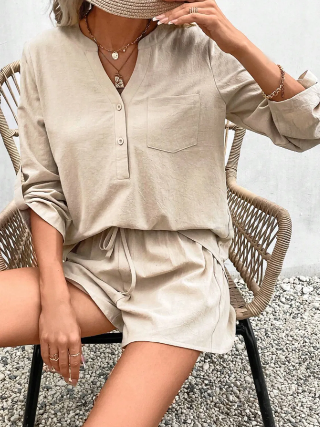 Outfit Set Women's Fashion 100% Cotton Notched Long Sleeve Top and Shorts Set