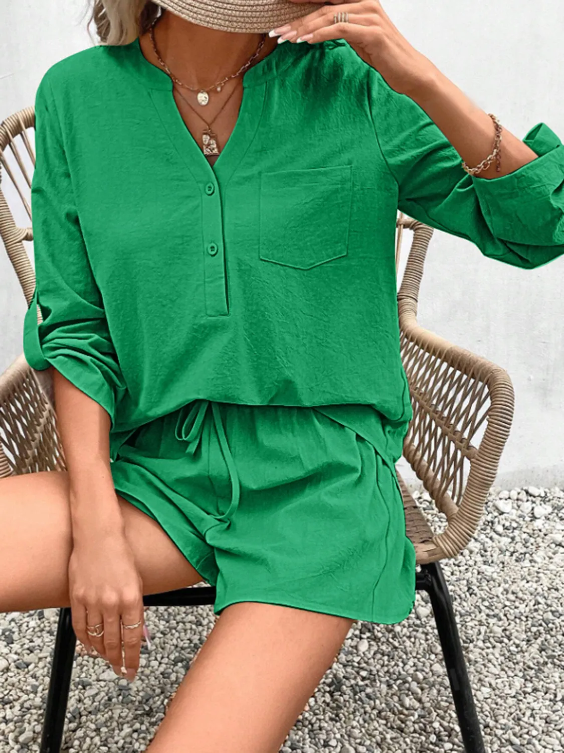 Outfit Set Women's Fashion 100% Cotton Notched Long Sleeve Top and Shorts Set