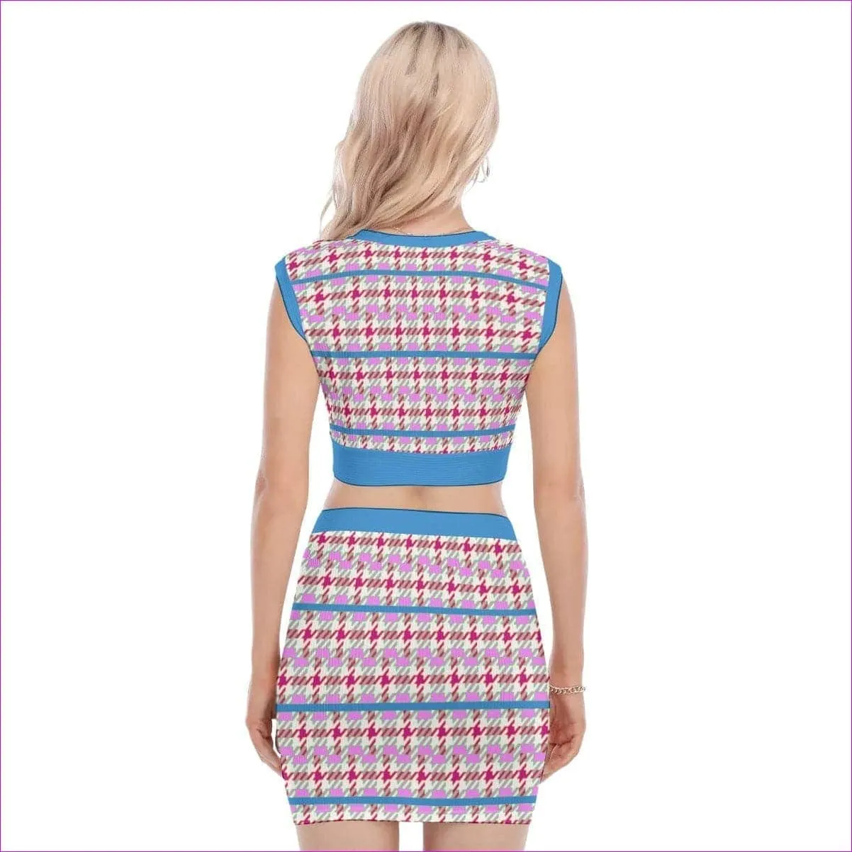 Pink Houndstooth Womens V Collar Vest Skirt Set