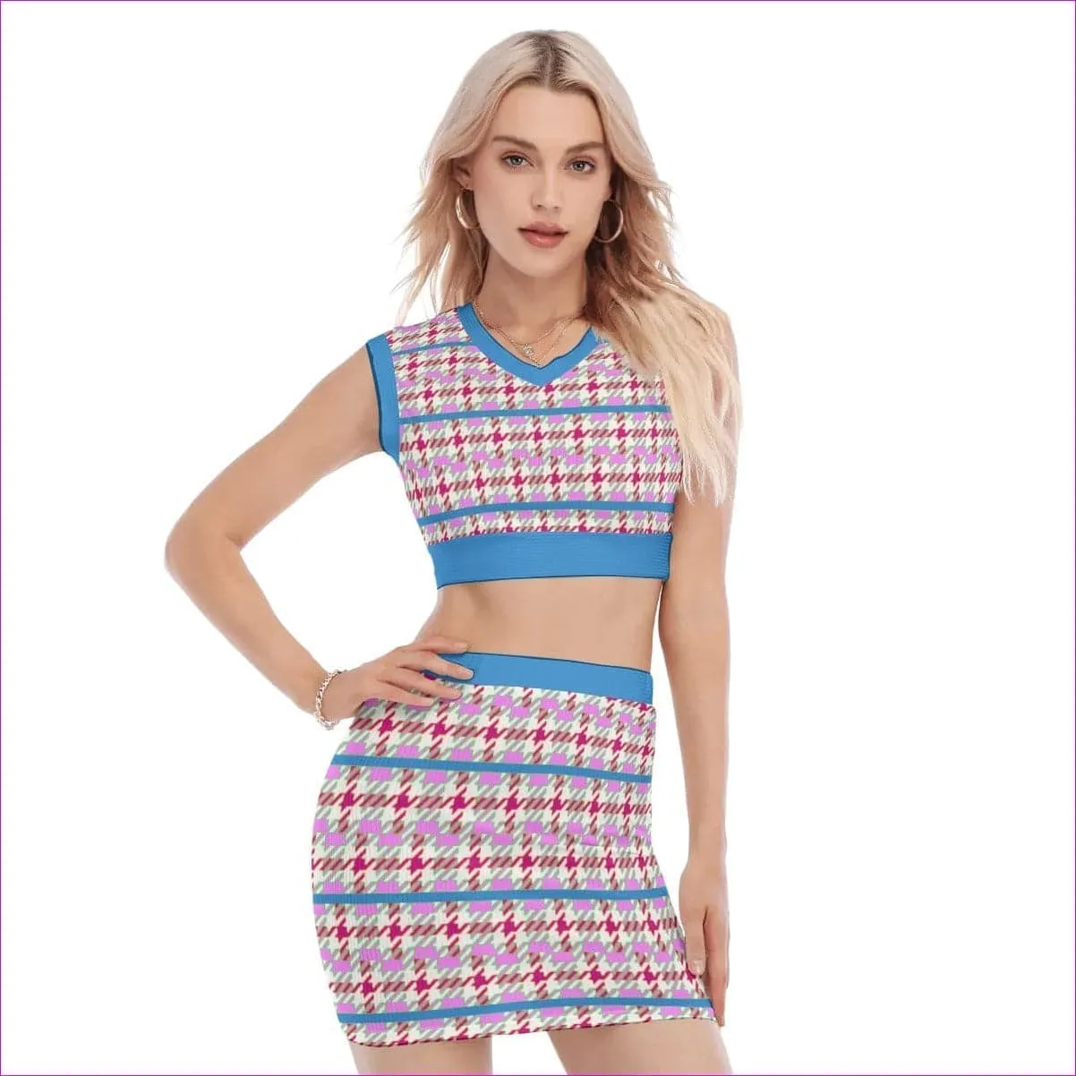 Pink Houndstooth Womens V Collar Vest Skirt Set