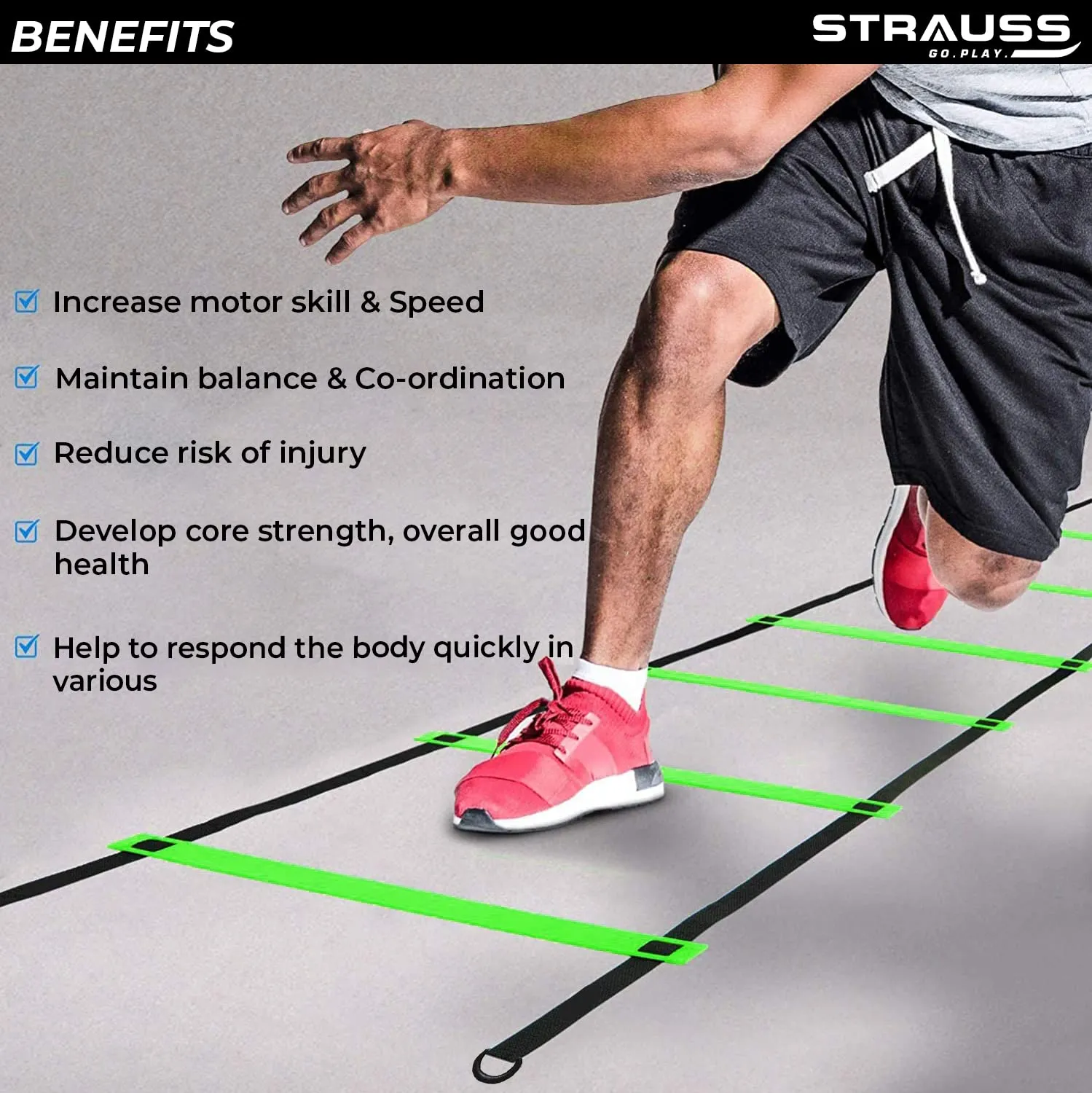 Strauss Agility Ladder | 6M Speed Training Ladder with 12 Adjustable Rungs | Speed Training Ladder for Men and Women | Ideal for Soccer, Football & Sports Training (Green)