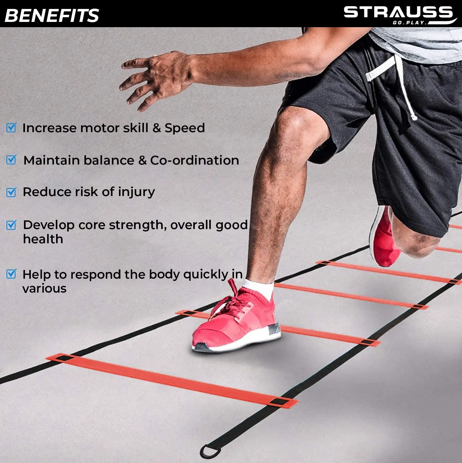 Strauss Agility Ladder | 8M Speed Training Ladder with 16 Adjustable Rungs | Speed Training Ladder for Men and Women | Ideal for Soccer, Football & Sports Training (Red)