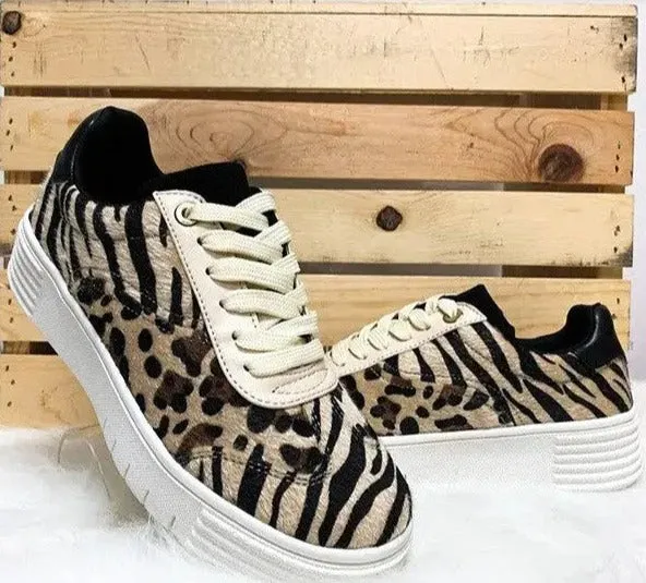 Tiger-Leopard Combo Print Sneakers