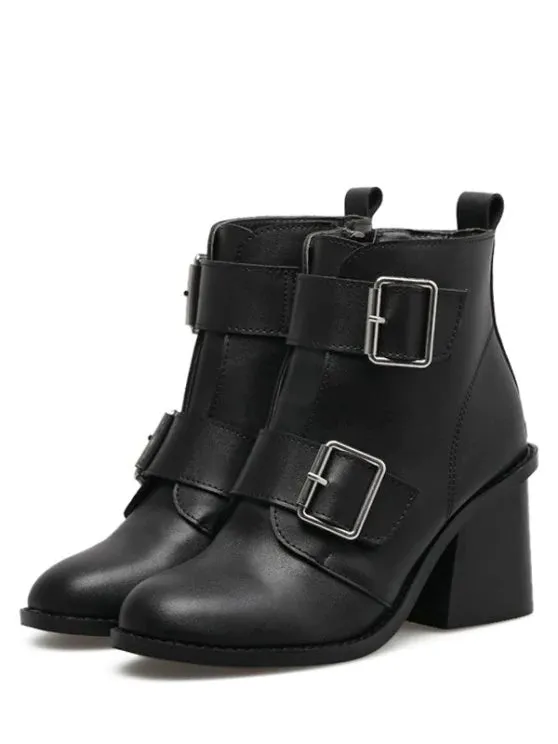 Trendy Chunky Heel Double Buckle Straps Ankle Boots