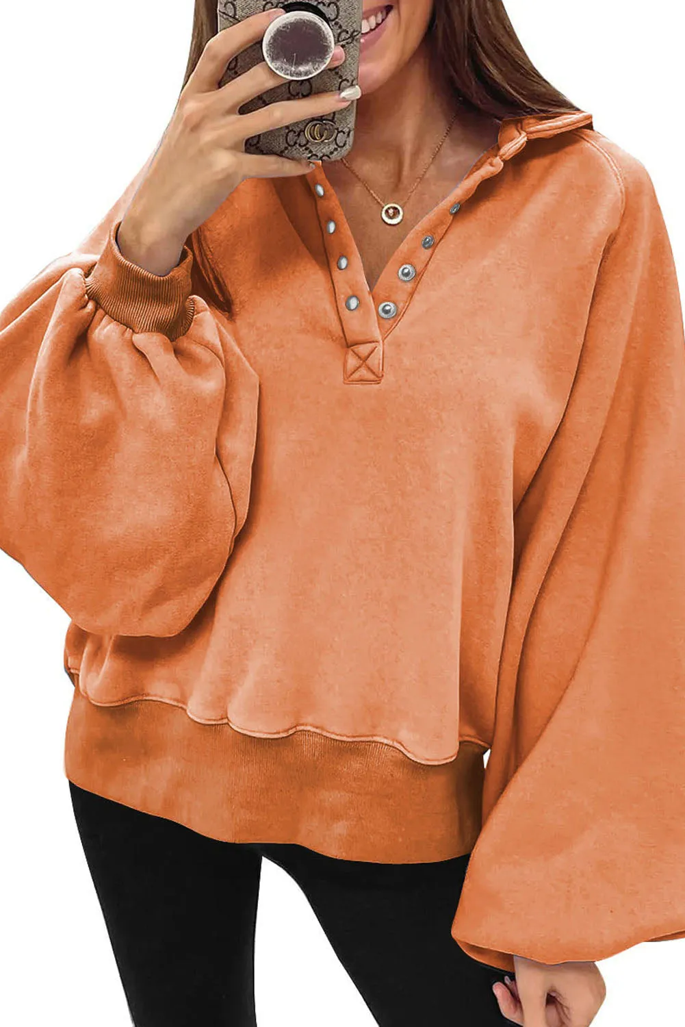 Womens Oversized Loose Lantern Sleeve Button Collar Pullover Sweatshirts Tops