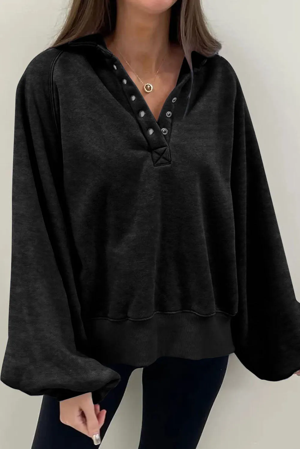 Womens Oversized Loose Lantern Sleeve Button Collar Pullover Sweatshirts Tops