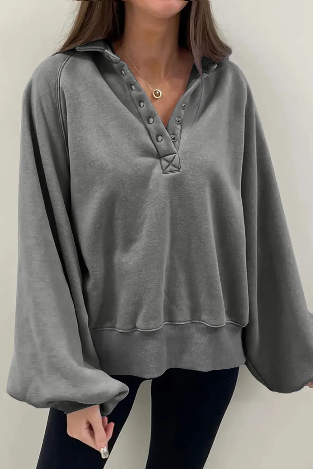 Womens Oversized Loose Lantern Sleeve Button Collar Pullover Sweatshirts Tops